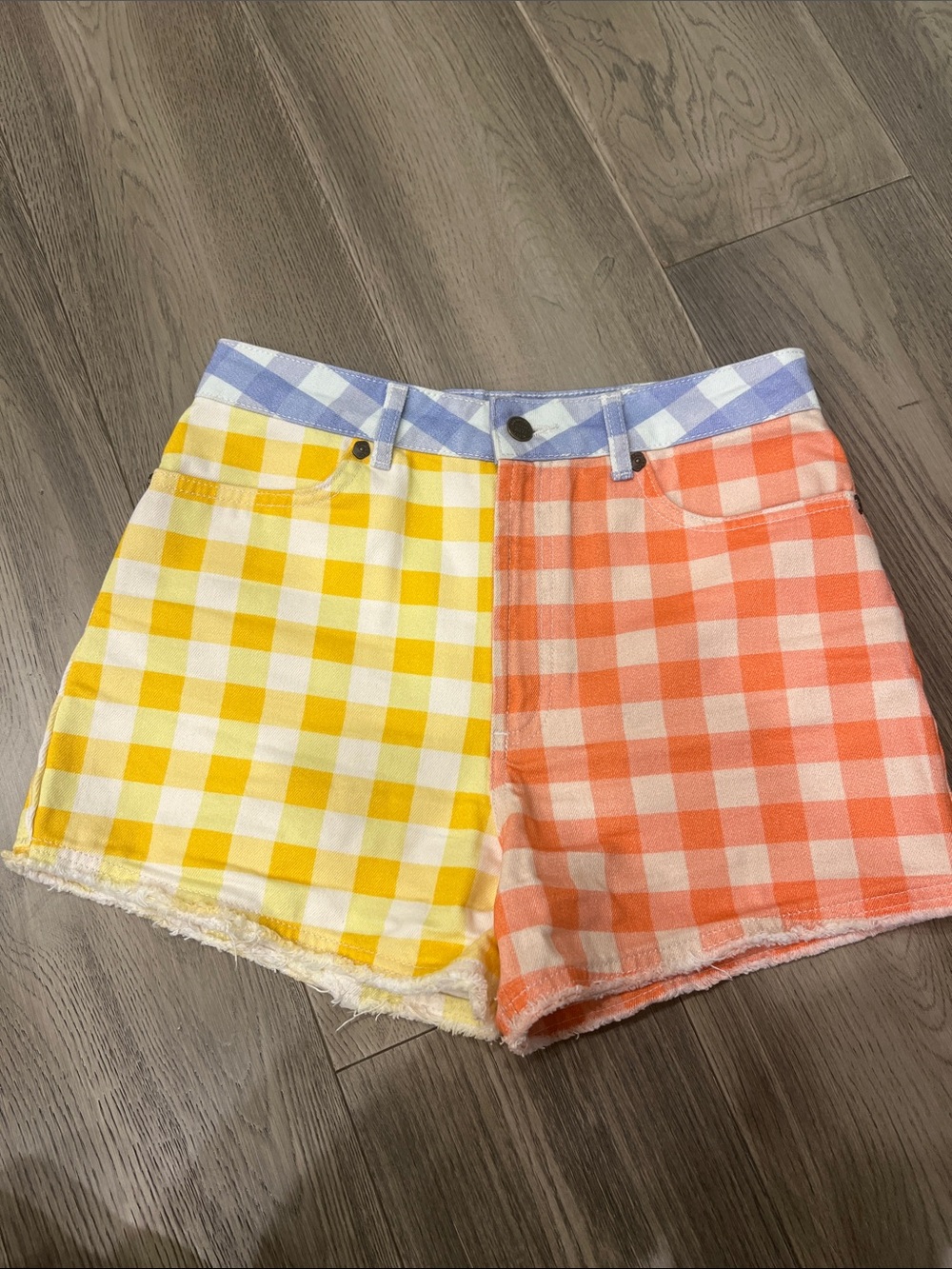 FARM Rio Gingham Colorblock Shorts in Yellow, Orange & Blue